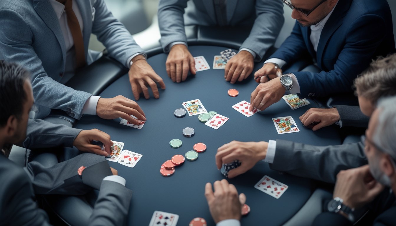 Meja poker dengan kartu dan chip dikelilingi oleh pemain yang sedang fokus bermain kartu.