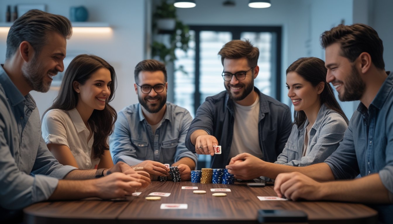 Empat orang dewasa duduk di sekitar meja bermain Capsa All In dengan kartu dan chip poker, menunjukkan suasana permainan yang serius dan penuh strategi.