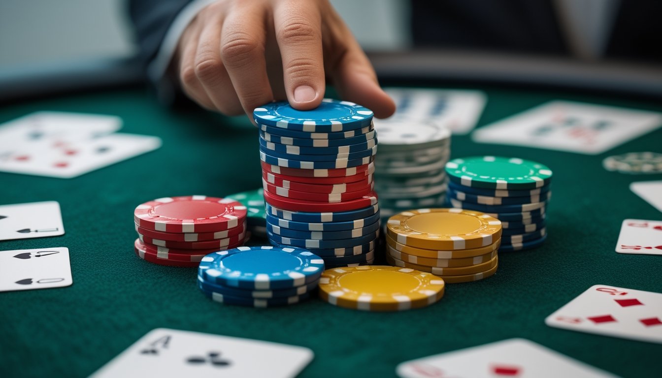 Tangan pemain yang sedang memasang taruhan besar dengan tumpukan chip poker di atas meja hijau permainan kartu.