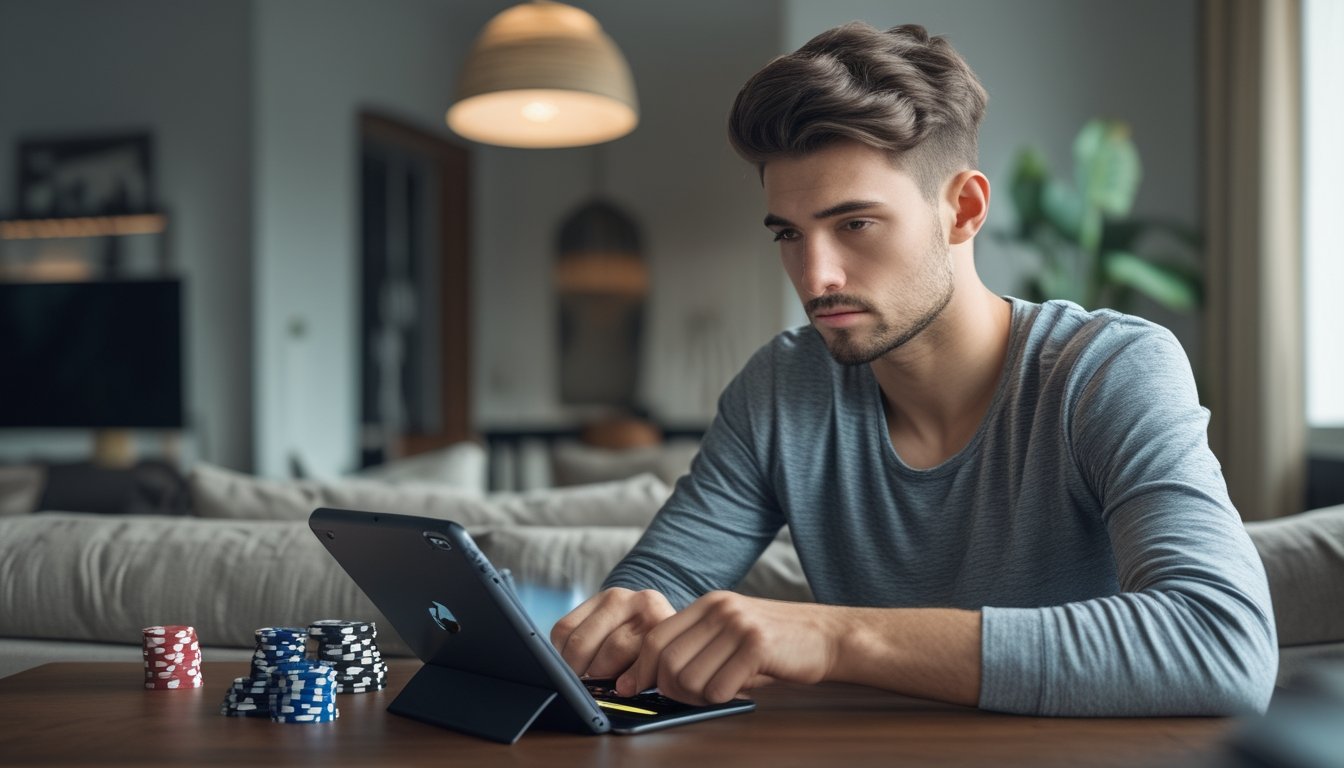 Seorang dewasa muda sedang bermain Capsa All In mode di tablet dengan tumpukan chip dan kartu di meja kayu dalam ruangan yang nyaman dan terang.