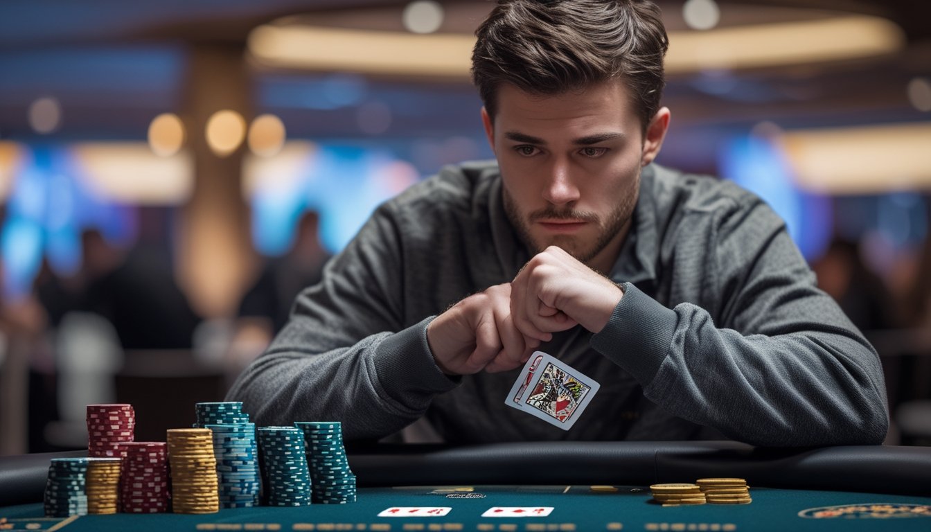 Seorang pemain poker fokus duduk di meja kasino dengan tumpukan chip di depan, memegang kartu sambil berpikir serius.