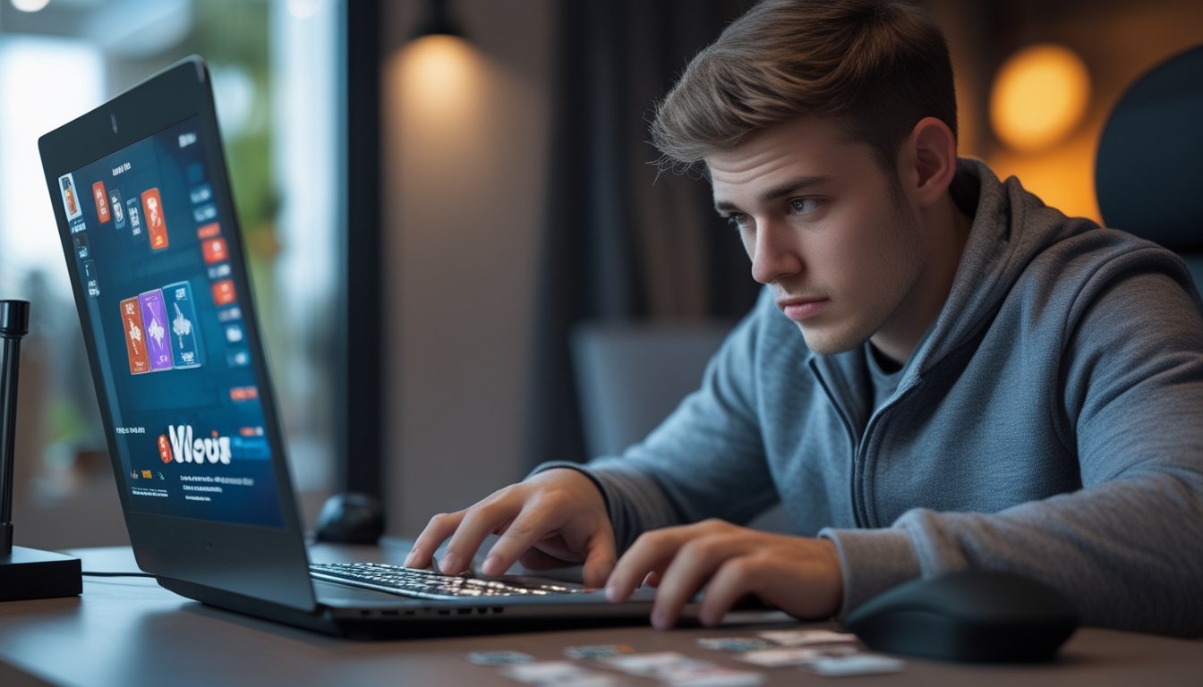 Seorang pria muda fokus bermain game kartu online di depan laptop di sebuah ruangan yang nyaman.