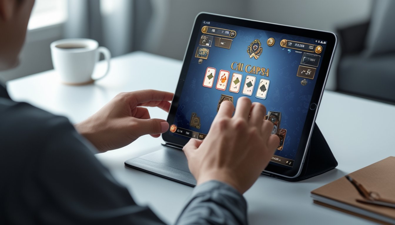 Seorang pemain muda fokus menggunakan tablet untuk bermain Capsa online, siap melakukan langkah penting dalam permainan kartu.
