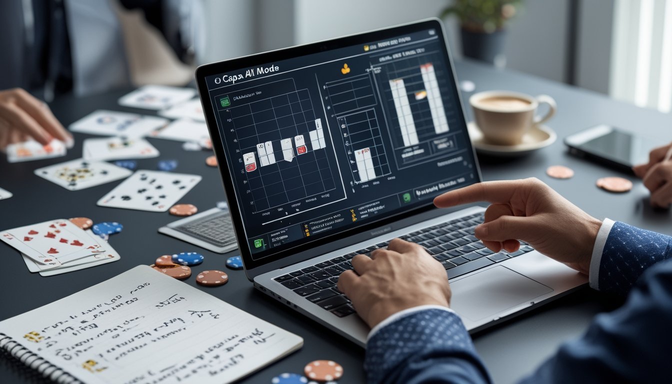 Sebuah meja kerja dengan laptop yang menampilkan grafik dan kartu remi serta chip poker di sekitarnya, seseorang menunjuk layar laptop sambil menganalisis strategi Capsa All In.