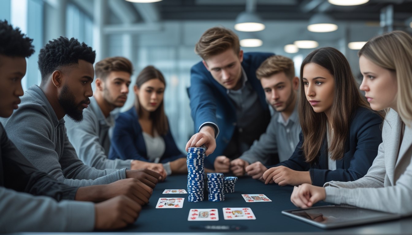Sekelompok orang muda sedang bermain kartu Capsa di meja dengan tumpukan chip poker, satu pemain melakukan langkah all in.