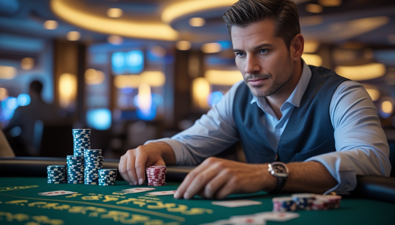 Seorang pria dewasa duduk di meja poker dengan tumpukan chip dan kartu, fokus mengatur modal saat bermain Capsa All In.