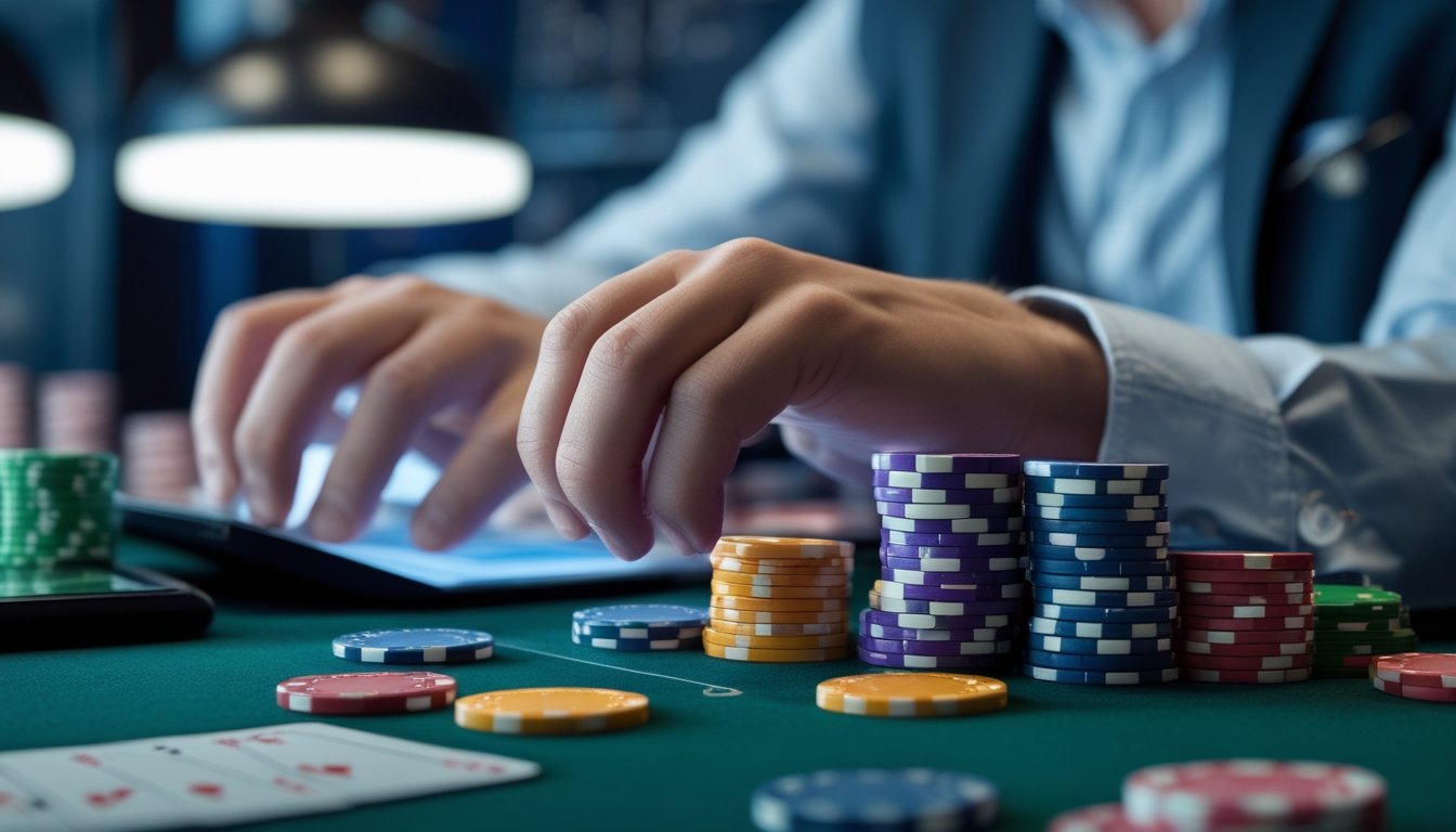 Seorang pemain yang fokus mengatur tumpukan chip poker di meja Capsa All In dengan suasana permainan yang tenang dan terorganisir.