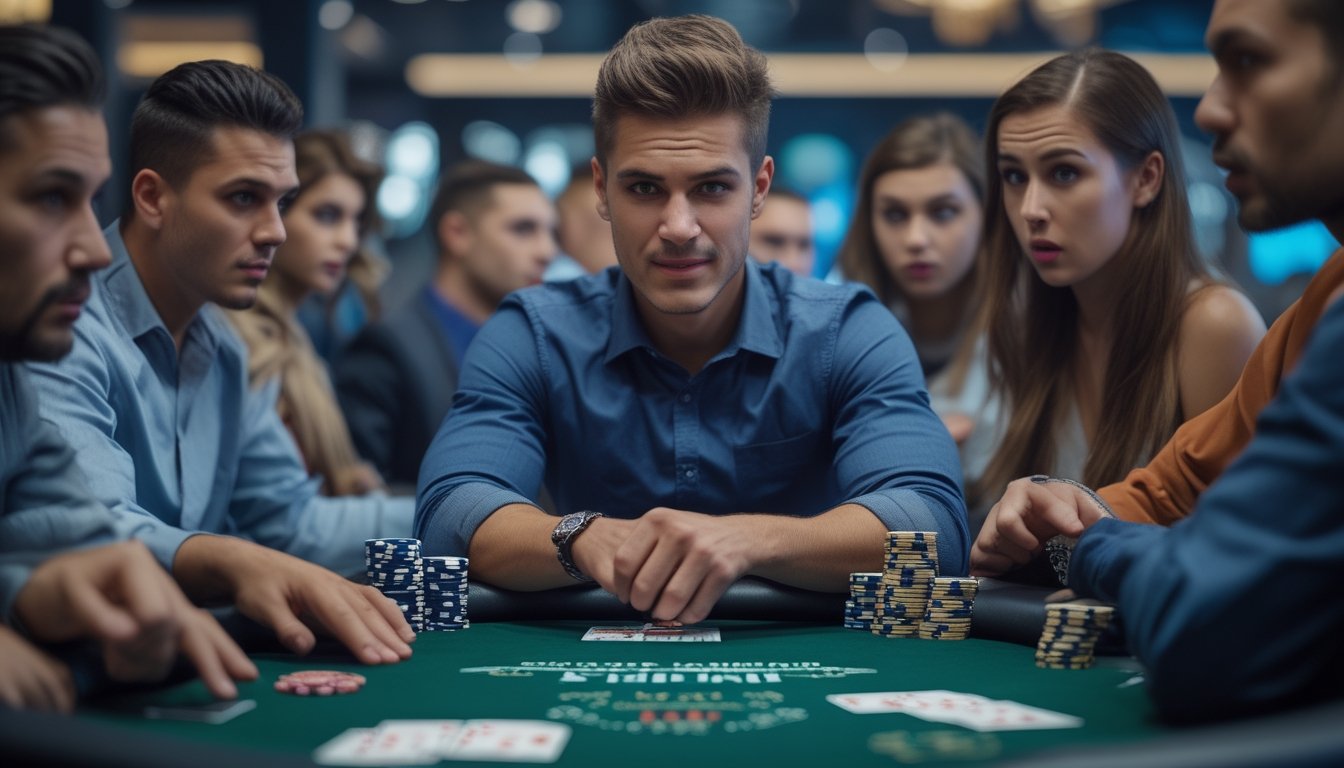 Seorang pria bermain kartu Capsa dengan ekspresi percaya diri di meja poker, dikelilingi pemain lain yang terlihat tegang.