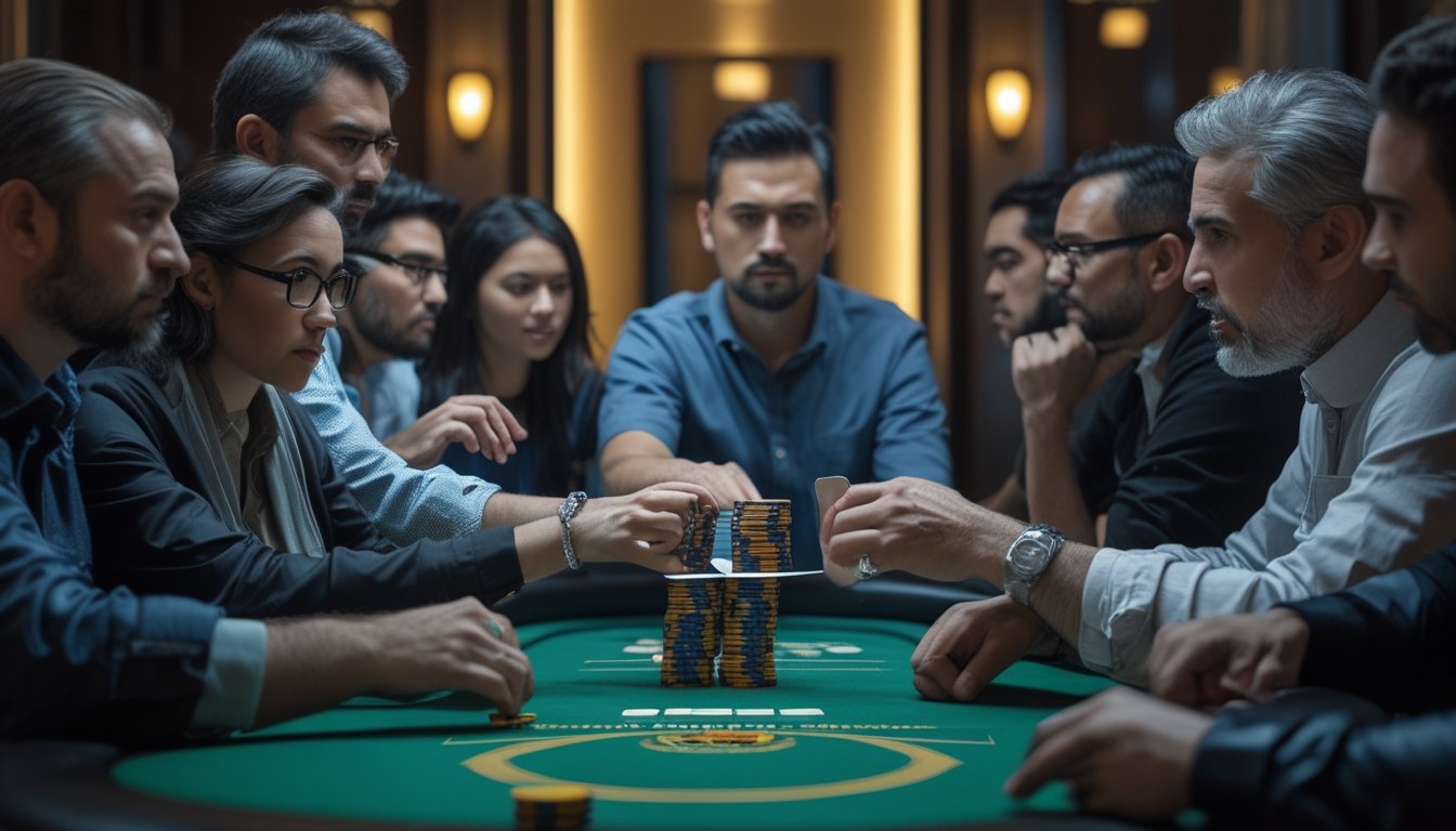 Beberapa orang sedang bermain Capsa All In di meja poker, dengan satu pemain melakukan taruhan all-in dan pemain lain menunjukkan ekspresi fokus dan tegang.