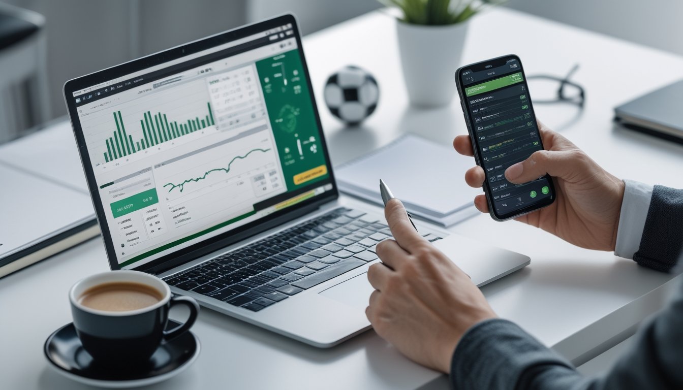 Seseorang sedang menganalisis statistik pertandingan sepak bola di depan laptop dan smartphone di meja kerja.