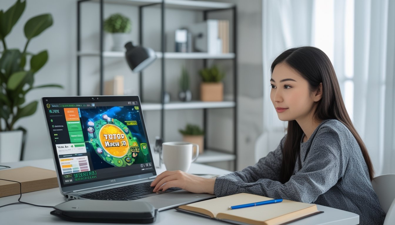 Seorang wanita muda sedang belajar bermain Toto Macau 3D di depan laptop di ruang kerja yang rapi dan terang.