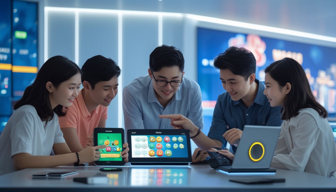 Sekelompok orang muda sedang berkumpul di sekitar meja dengan perangkat digital, fokus pada permainan Toto Macau 3D dalam suasana yang terang dan modern.