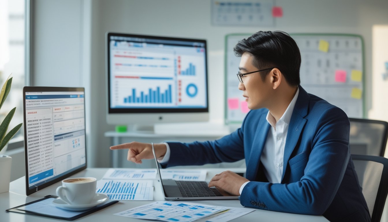 Seorang pria Asia duduk di meja kerja modern sambil melihat layar laptop dengan grafik dan dokumen di sekitarnya, menunjukkan suasana fokus dan perencanaan strategi.