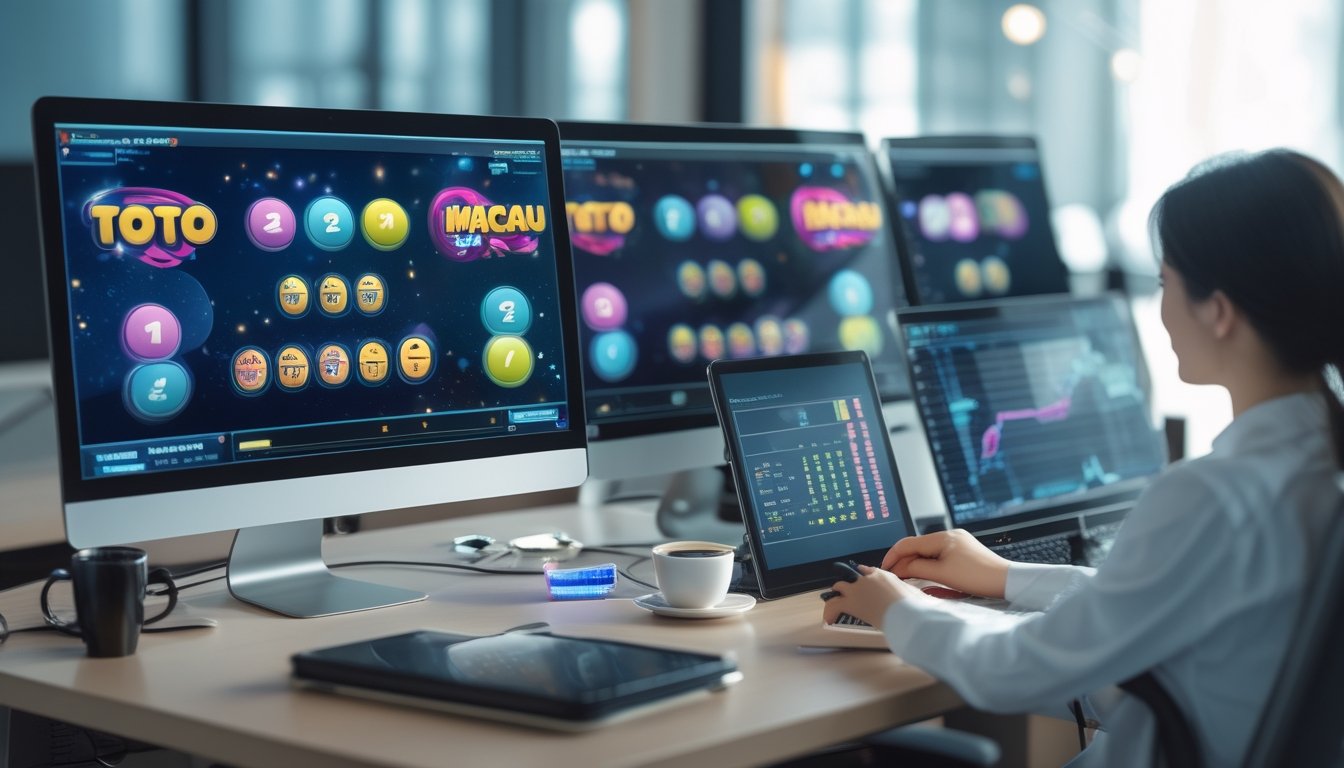 Seorang pria duduk di depan komputer dengan layar menampilkan grafik permainan Toto Macau 3D, sambil memegang tablet dan mencatat strategi.