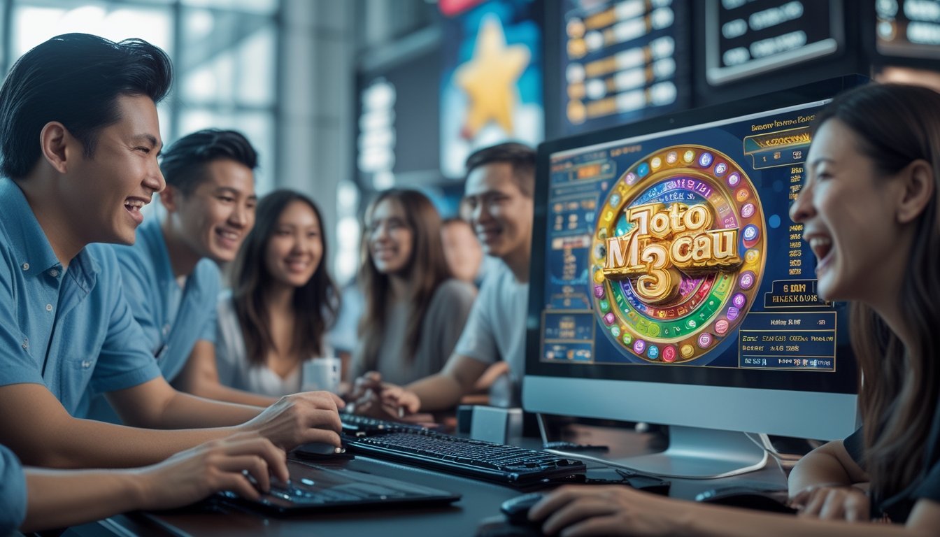 Orang-orang sedang bermain permainan Toto Macau 3D di depan komputer dengan tampilan layar yang berwarna-warni dan suasana penuh semangat.
