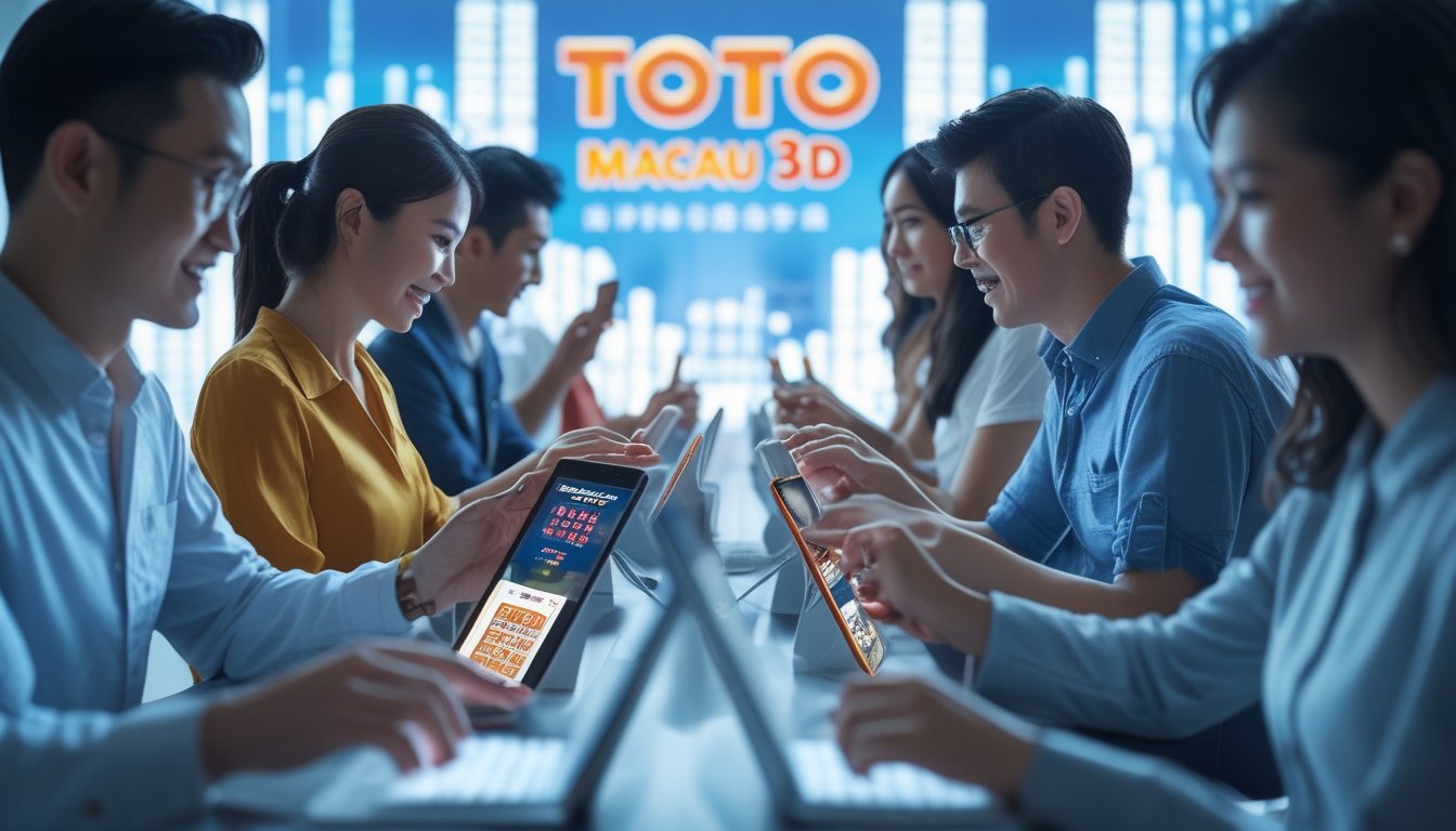 Sekelompok orang bermain permainan Toto Macau 3D menggunakan perangkat digital di lingkungan modern dengan latar belakang kota Macau.