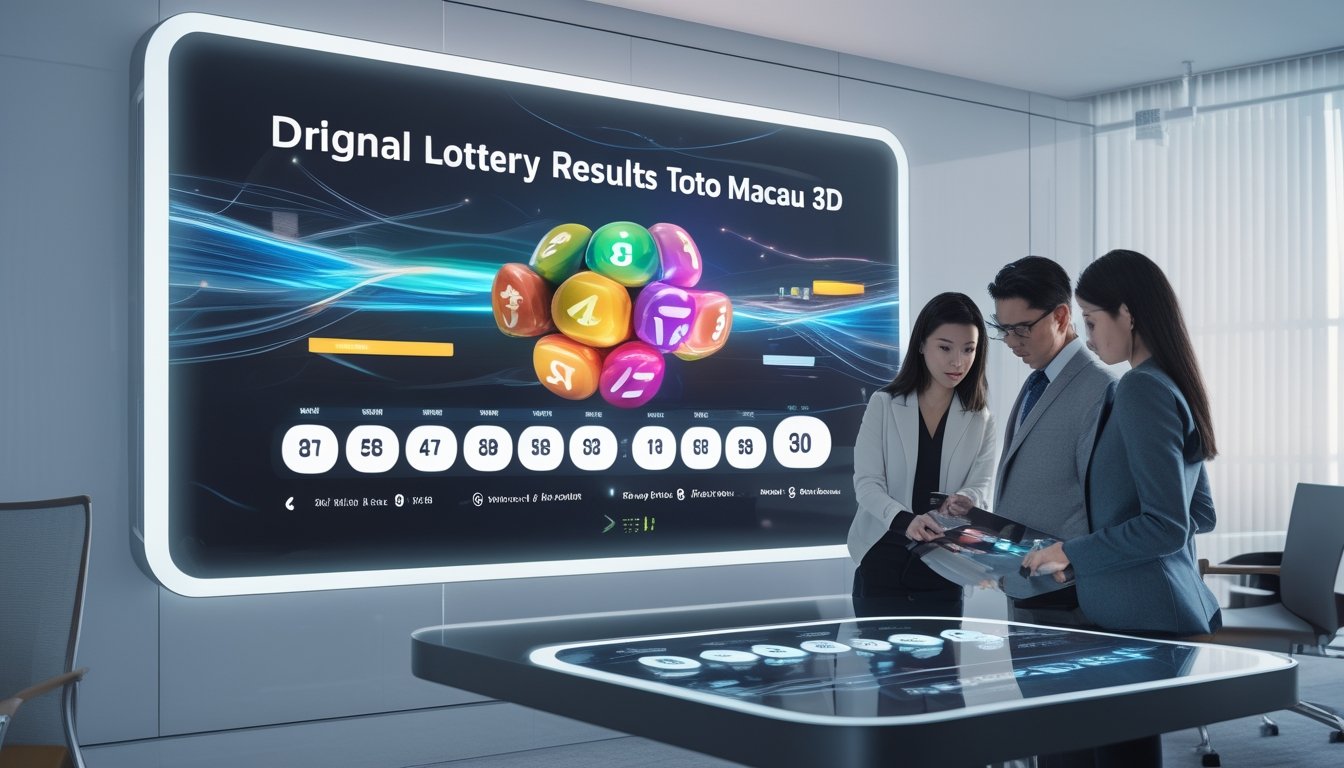 Beberapa profesional sedang melihat layar besar yang menampilkan hasil lotere dengan grafik tiga dimensi di sebuah kantor modern.