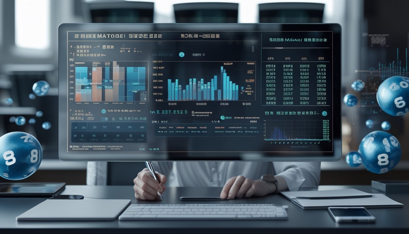 Seorang profesional sedang menganalisis data angka di depan komputer dengan grafik dan bola lotere di meja kerja yang rapi.