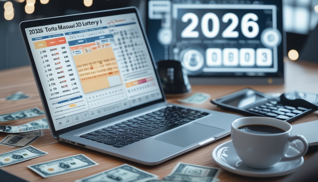 Meja kerja modern dengan laptop menampilkan grafik dan data angka, tiket lotre, kalkulator, dan secangkir kopi, menggambarkan analisis dan strategi permainan Toto Macau 3D terbaru tahun 2026.
