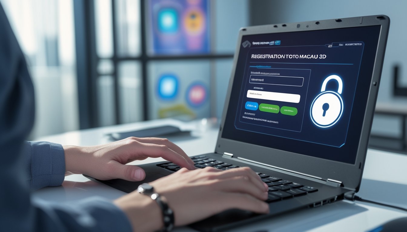 Seseorang sedang mendaftar akun resmi untuk bermain Toto Macau 3D di laptop dengan suasana kerja yang rapi dan aman.