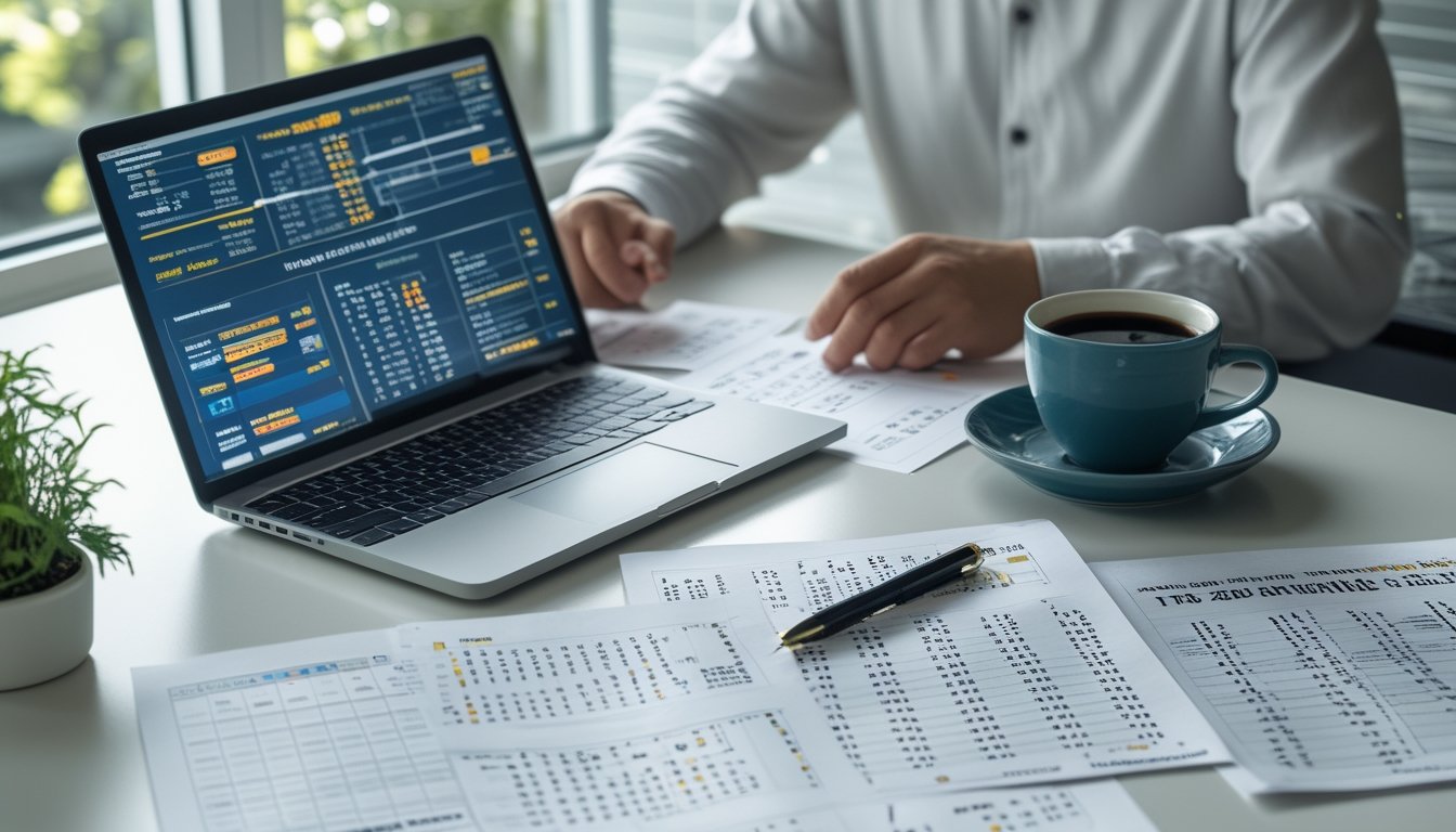 Seseorang yang fokus menganalisis data prediksi lotere dengan laptop dan kertas di meja kerja yang rapi.