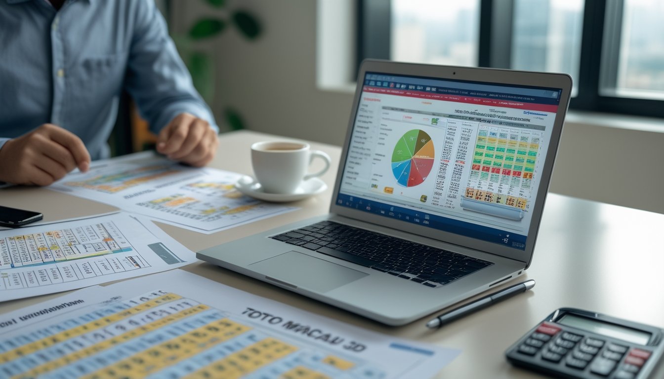 Seorang pria sedang duduk di meja kerja dengan laptop dan dokumen yang berisi angka dan grafik, fokus menganalisis prediksi lotere Toto Macau 3D.