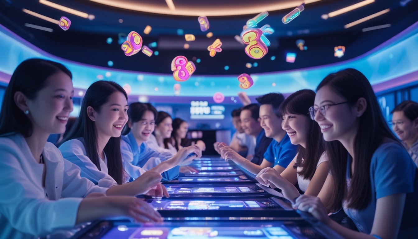 Sekelompok pemain yang antusias menggunakan perangkat digital dengan grafis 3D di ruang permainan modern yang terang dan berwarna-warni.