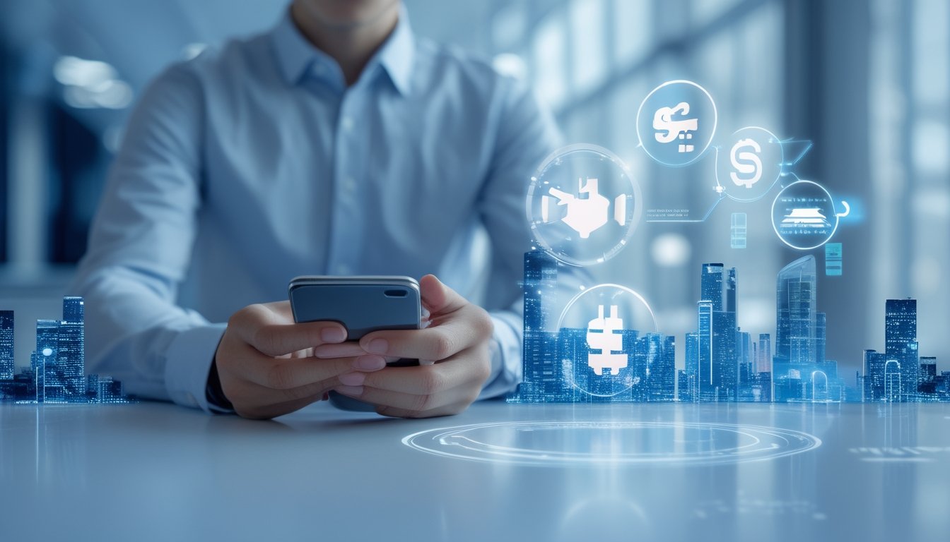 Seorang pria muda menggunakan ponsel pintar dengan ikon digital uang mengelilinginya, latar belakang kota futuristik menunjukkan transaksi online yang cepat dan terpercaya.