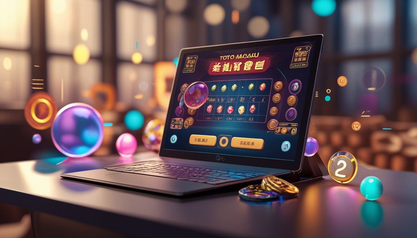 Sebuah perangkat modern menampilkan permainan Toto Macau 3D dengan bola lotere berwarna-warni dan grafik digital di sekitarnya.