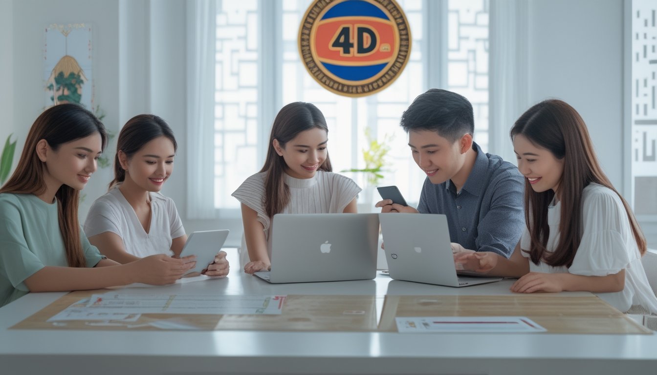 Beberapa orang muda sedang menggunakan laptop dan ponsel di kantor yang terang, menunjukkan proses pendaftaran akun togel 4D resmi di Indonesia.