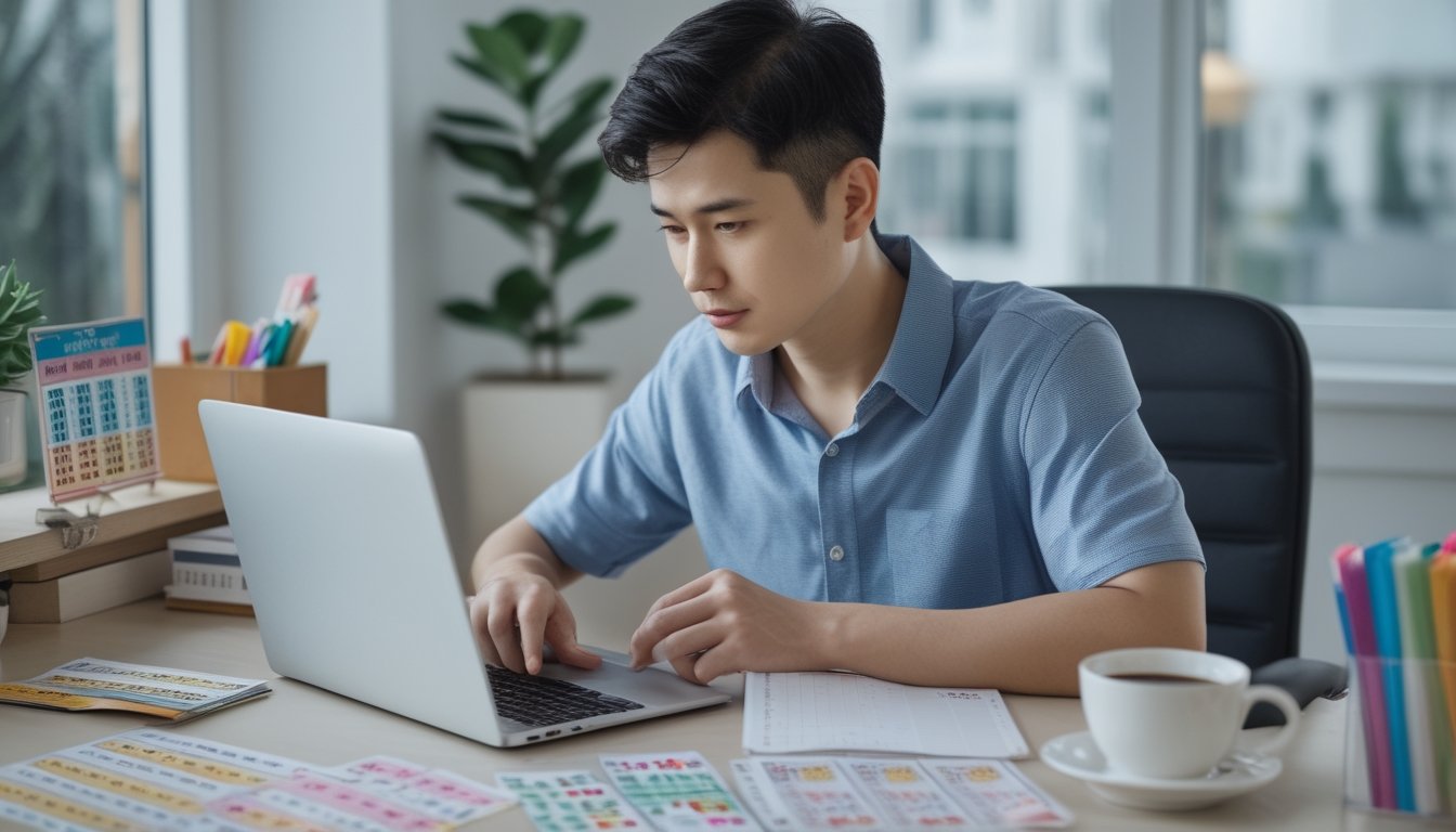 Seorang pria muda duduk di meja kerja dengan laptop, tiket lotere, dan catatan, sedang fokus mempelajari strategi bermain togel 4D.
