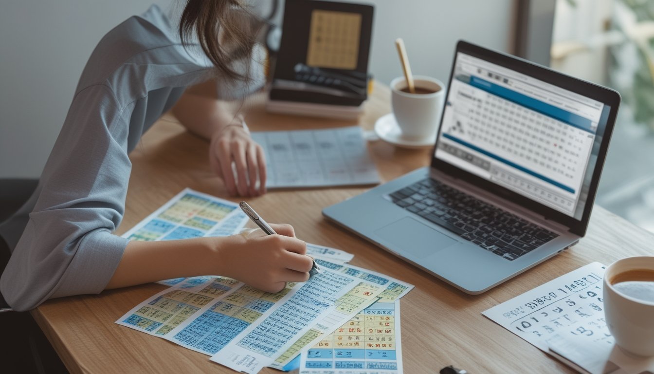 Seorang pemuda sedang belajar bermain togel 4D dengan tiket dan catatan di meja kerja yang rapi.