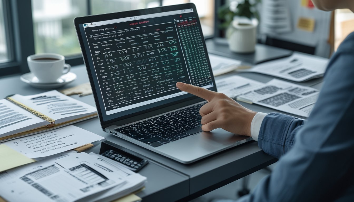 Seorang pria duduk di depan meja kerja dengan laptop yang menampilkan grafik dan angka, dikelilingi catatan dan alat tulis, fokus pada analisis angka togel 4D.