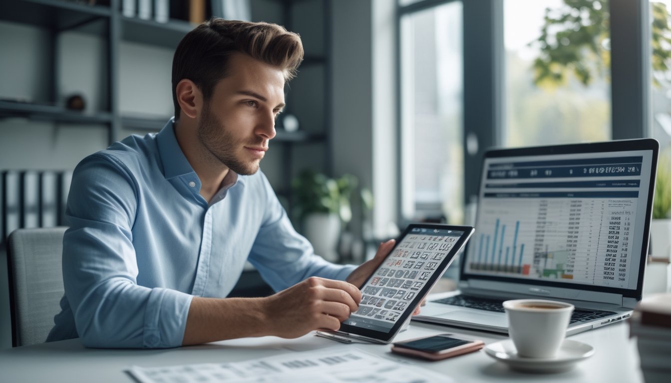 Seorang individu sedang menganalisis angka togel menggunakan tablet di ruang kerja modern dengan laptop dan grafik di meja.