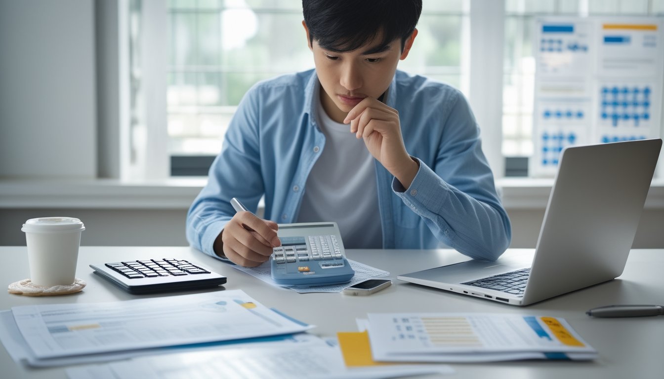 Seseorang duduk di meja kerja dengan laptop dan dokumen keuangan, fokus mengelola modal untuk bermain togel 4D setiap hari.