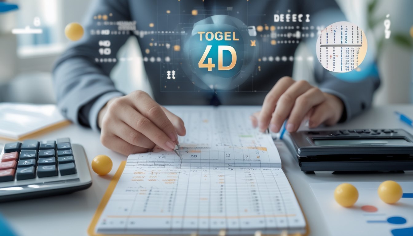 Tangan seseorang menghitung dengan kalkulator dan mencatat angka di meja kerja yang rapi dengan bola lotere dan layar digital di sekitar.
