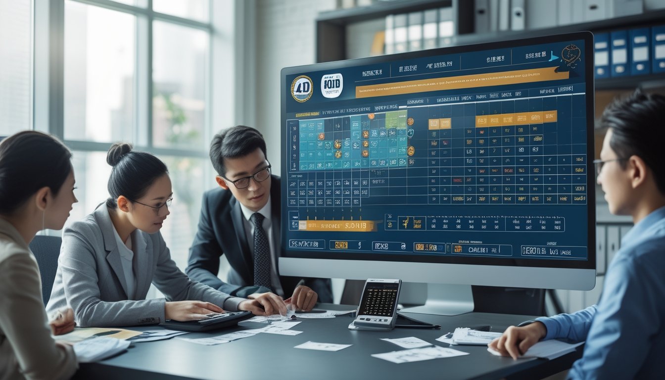 Orang-orang sedang menganalisis angka dan grafik terkait permainan togel 4D di sebuah kantor modern.
