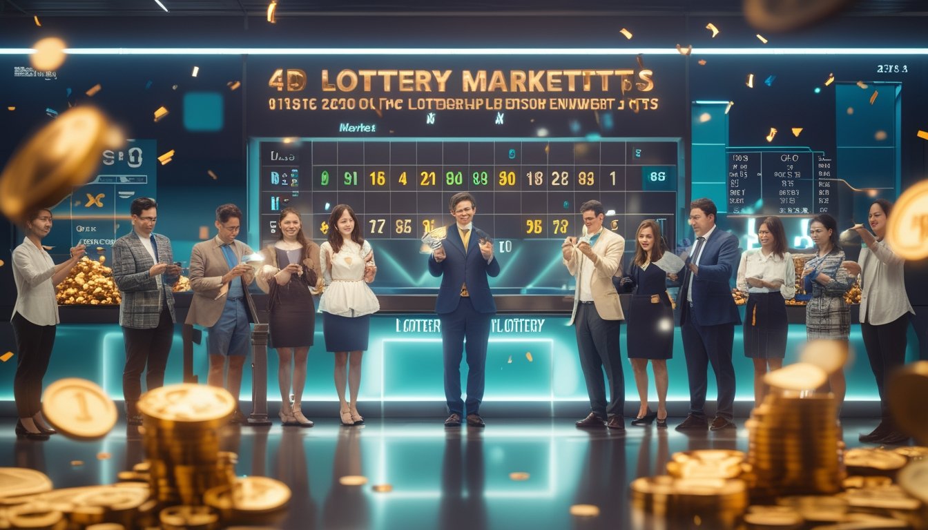 Sekelompok orang yang sedang memeriksa tiket lotere dengan latar belakang papan tampilan angka dan simbol hadiah besar.