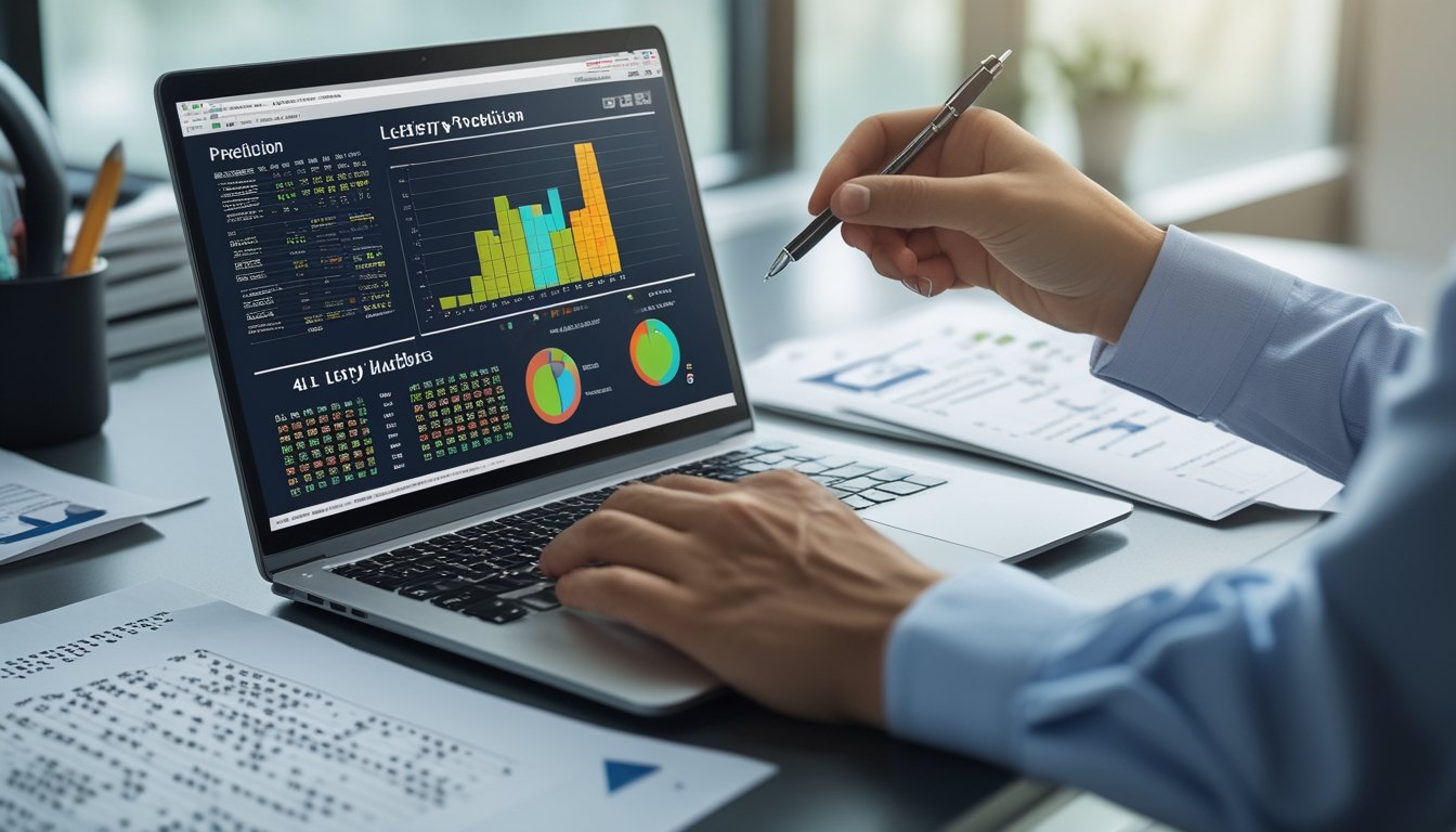 Seorang profesional sedang menganalisis data angka togel 4D di meja kerja dengan laptop dan dokumen statistik.