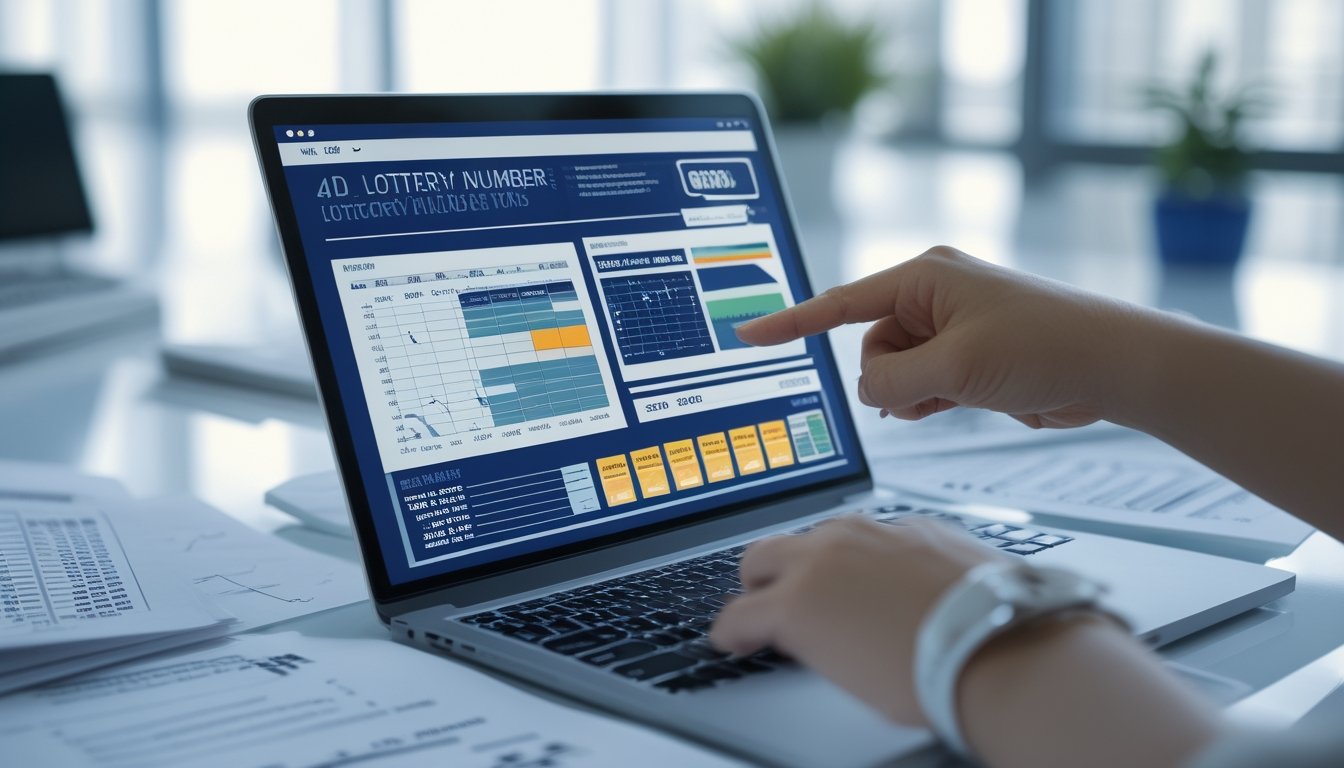 Sebuah ruang kerja modern dengan laptop yang menampilkan grafik data statistik dan tangan menunjuk layar, di sekitar terdapat lembaran data angka, menggambarkan analisis angka togel 4D.