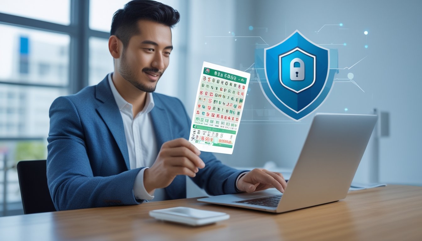 Seorang dewasa menggunakan laptop di meja kerja dengan simbol keamanan digital di latar belakang.