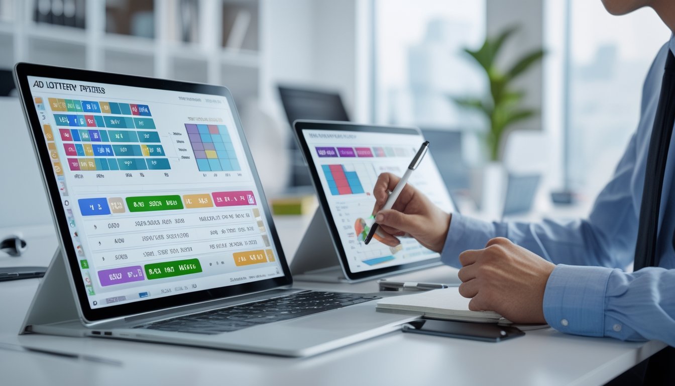 Seorang profesional sedang menganalisis data angka di meja kerja dengan laptop dan tablet di kantor yang terang.