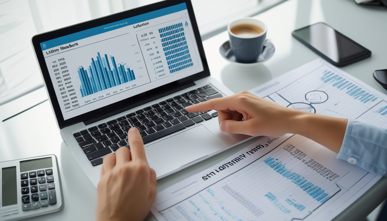 Meja kerja dengan laptop yang menampilkan grafik dan angka, serta tangan menunjuk pada data cetak, menggambarkan analisis pola angka togel 4D.