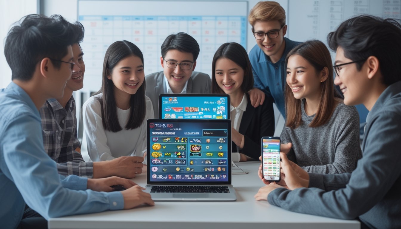 Sekelompok orang muda belajar bermain Toto Macau 3D menggunakan laptop dan ponsel di meja dengan suasana yang cerah dan ramah.
