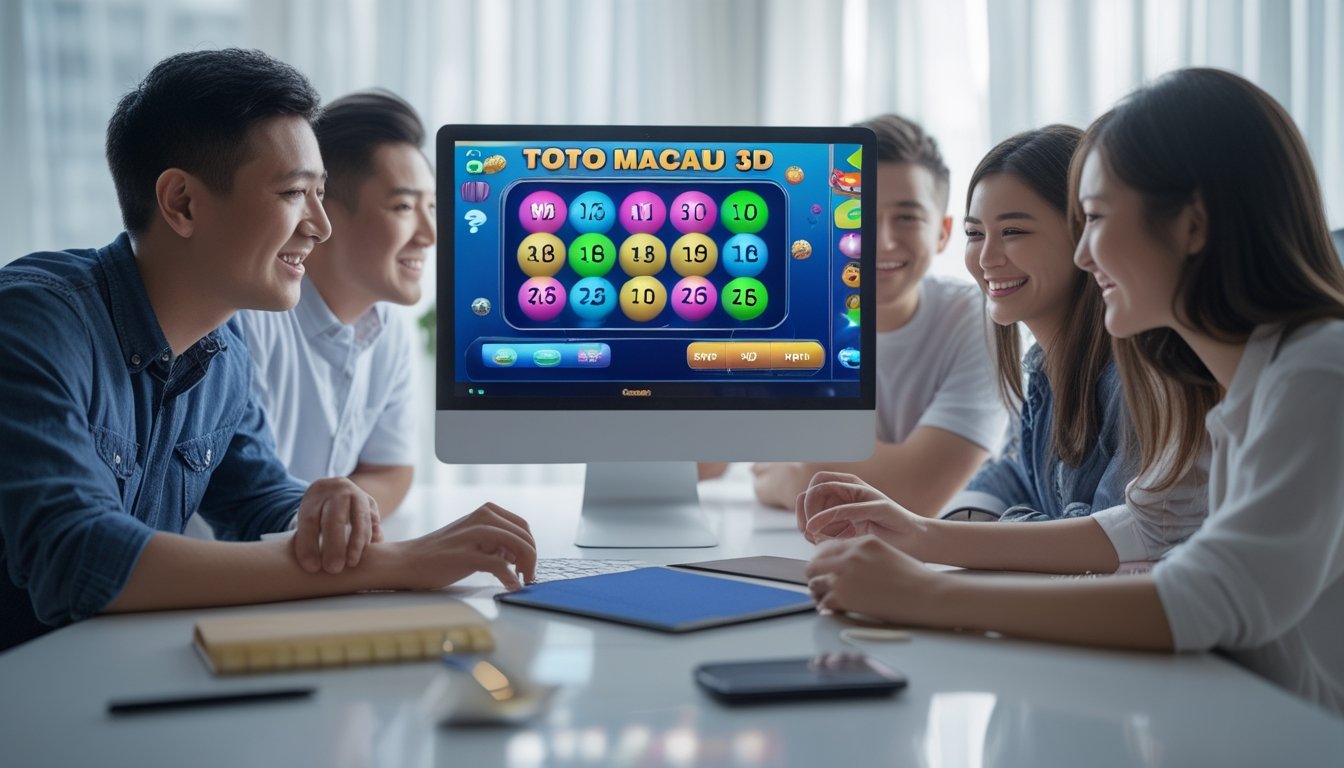 Sekelompok orang muda sedang belajar bermain Toto Macau 3D di depan komputer dengan bola lotre 3D berwarna-warni di layar.