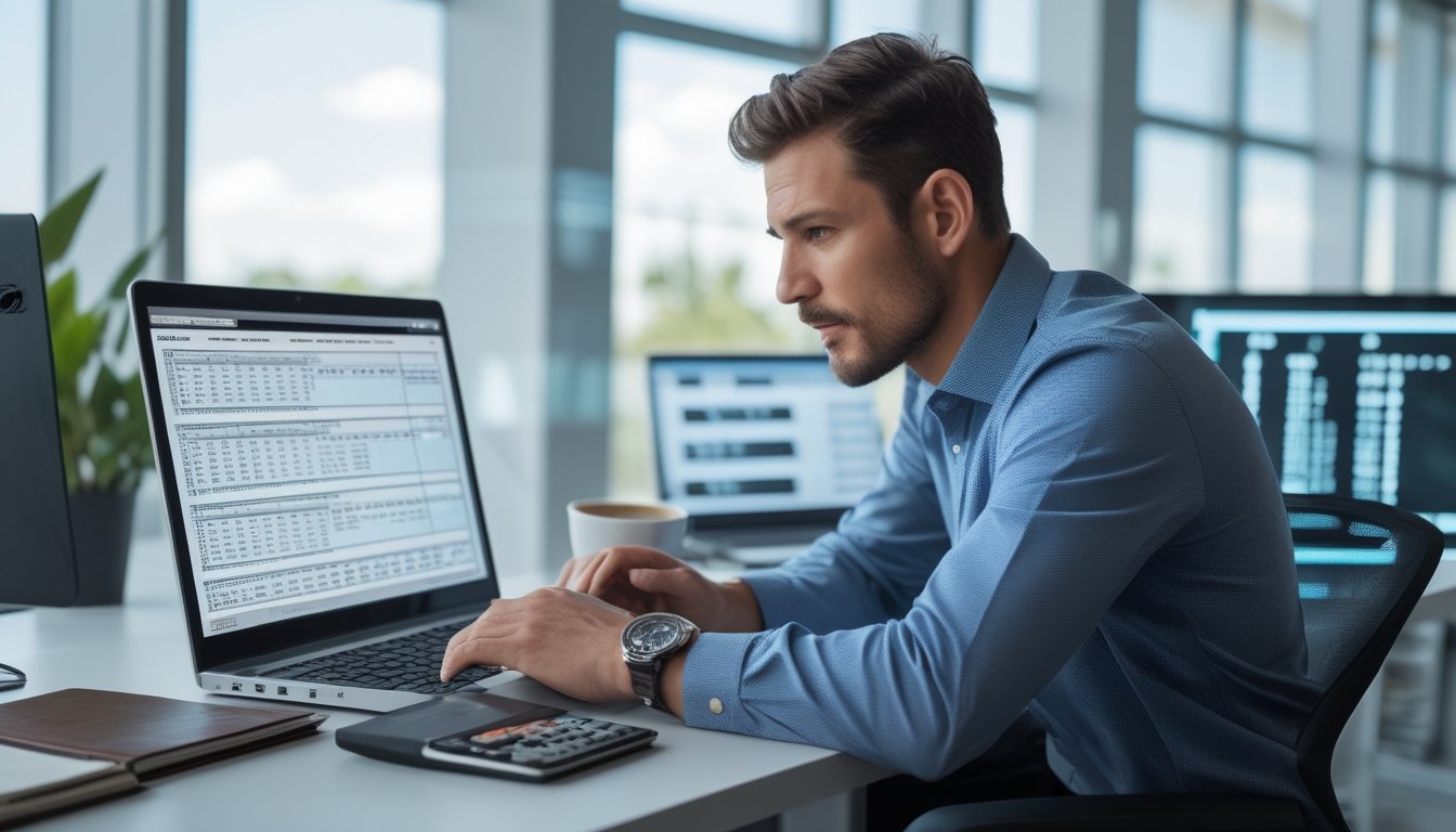 Seorang pria duduk di meja kantor modern sambil fokus melihat layar laptop dengan data dan grafik angka, dikelilingi alat tulis dan kopi.