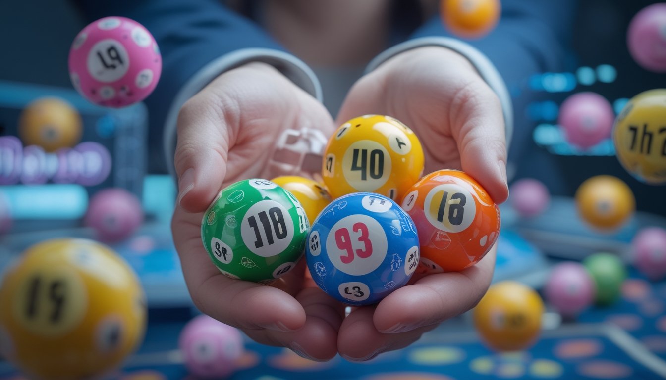Tangan memegang bola lotre berwarna-warni dengan angka, menggambarkan permainan Toto Macau 3D dan 4D.