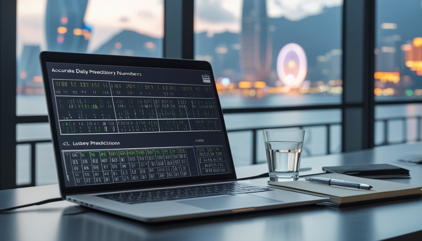 Meja kantor modern dengan laptop menampilkan data angka prediksi lotere, gelas air, dan buku catatan dengan pemandangan kota Macau di latar belakang.