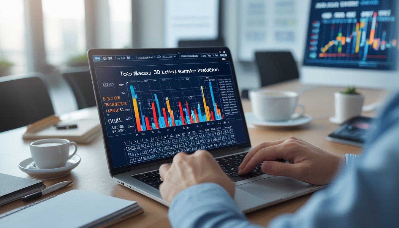 Seorang profesional sedang bekerja dengan laptop yang menampilkan data dan grafik prediksi angka lotere di meja kerja yang rapi.