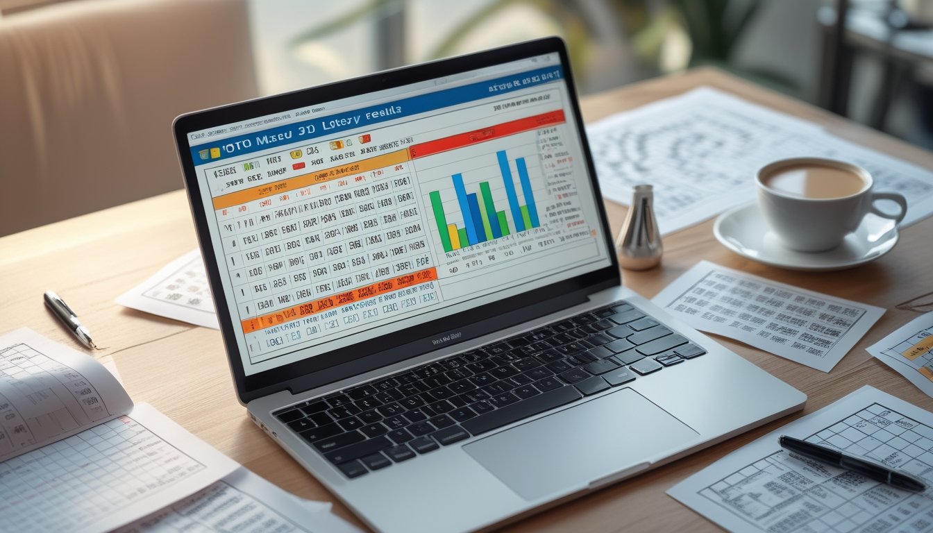 Meja kerja dengan laptop yang menampilkan data angka dan grafik, kertas dengan pola angka, pena, dan secangkir kopi.